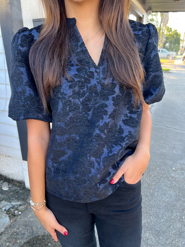 Navy Velvet Jacquard Top