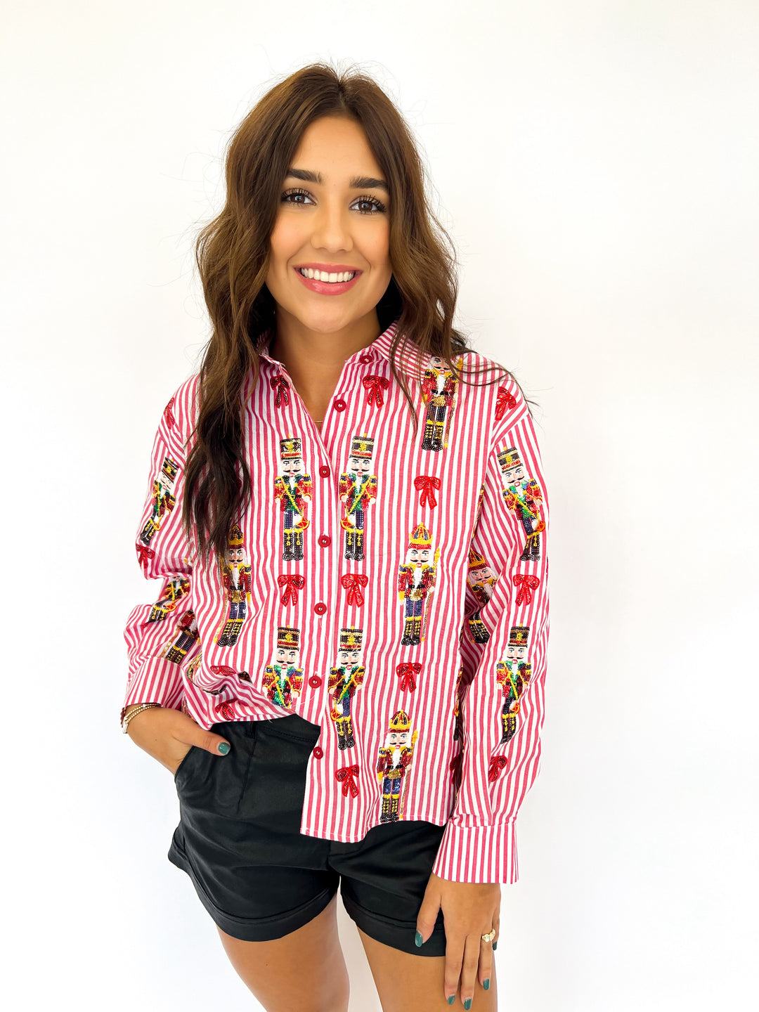 Red Stripped Nutcracker & Bow Button Up