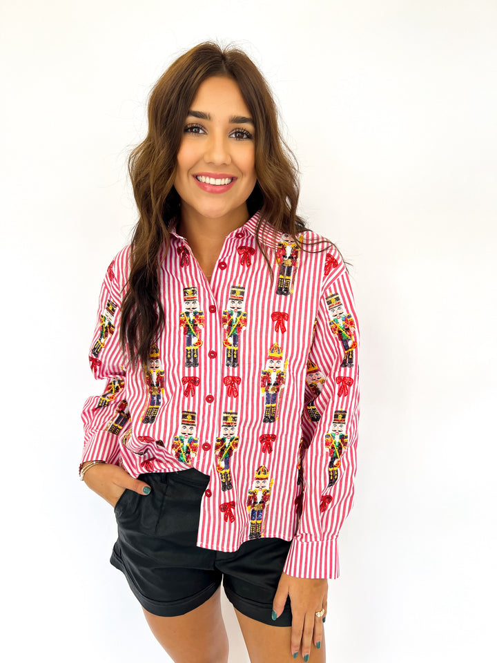 Red Stripped Nutcracker & Bow Button Up