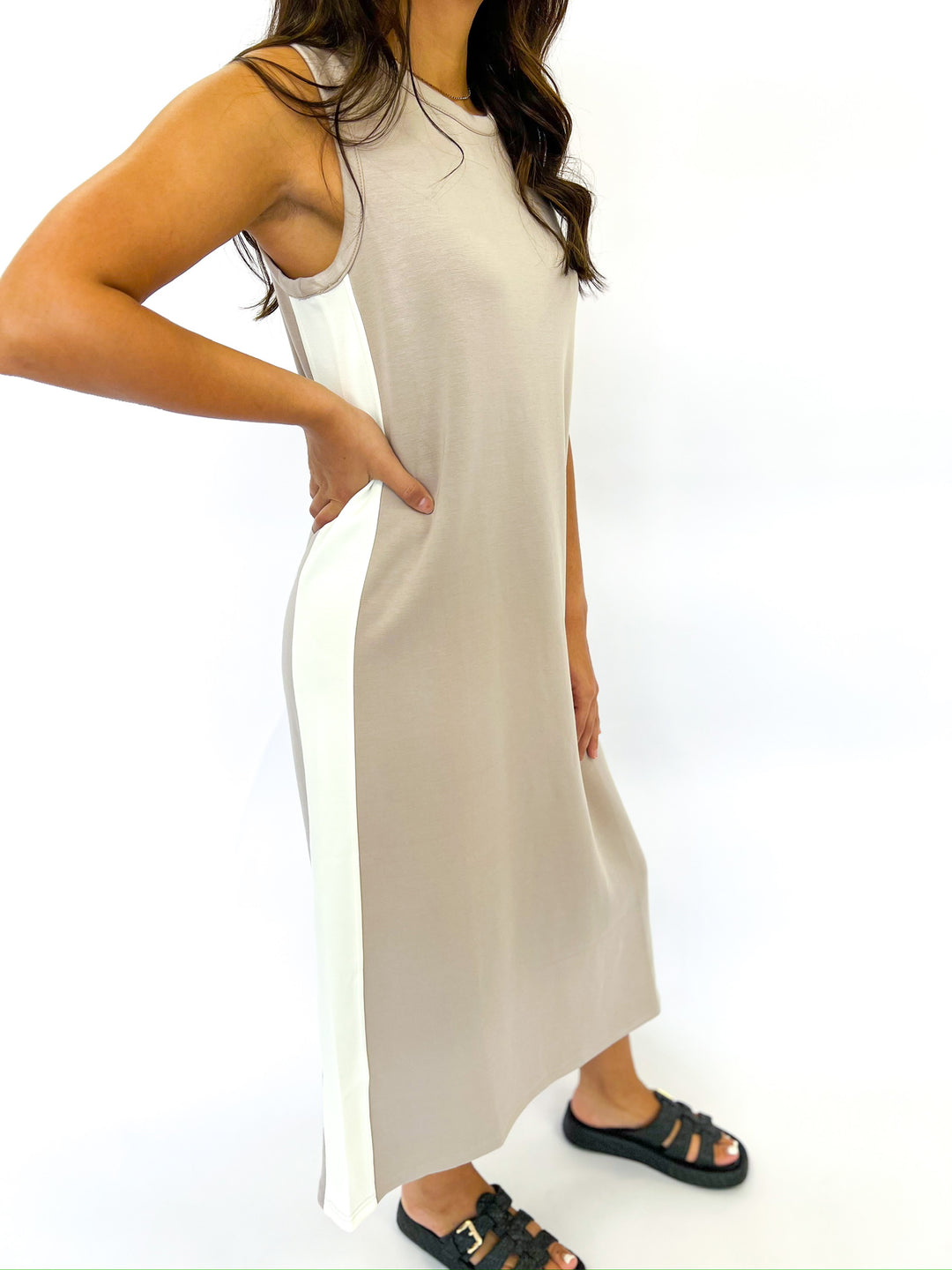Taupe Modal Sleeveless Stripe Midi Dress
