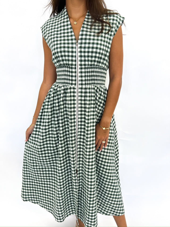 Forest Gingham Zip Midi Dress