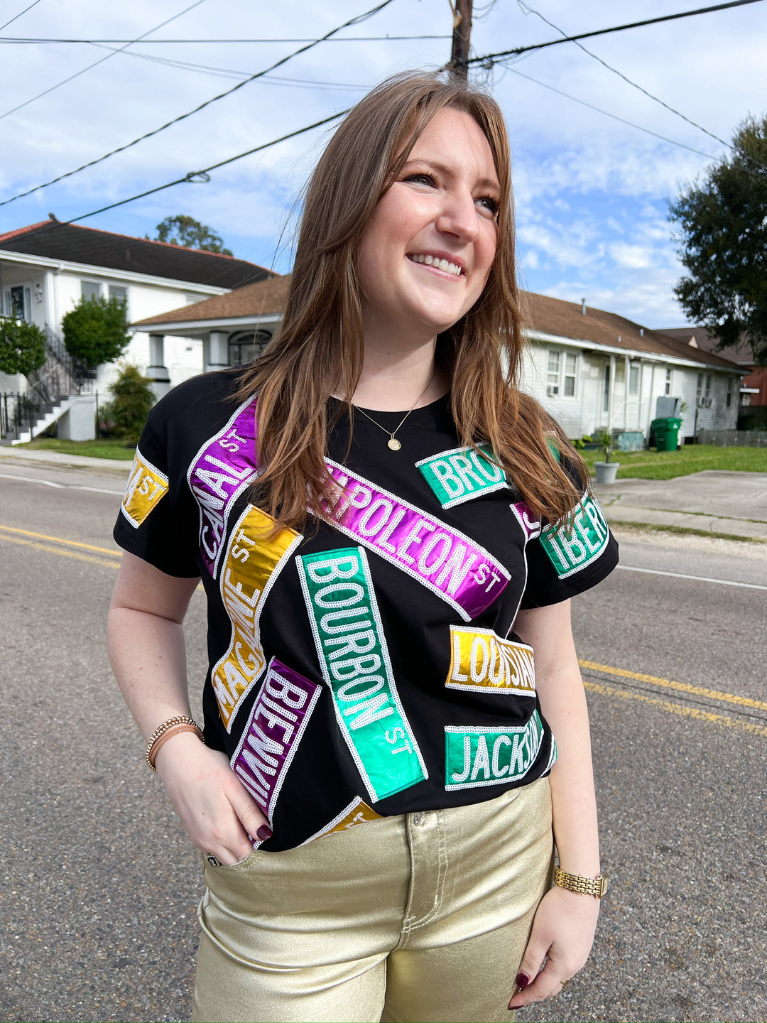 Black Metallic Nola Street Sign Tee