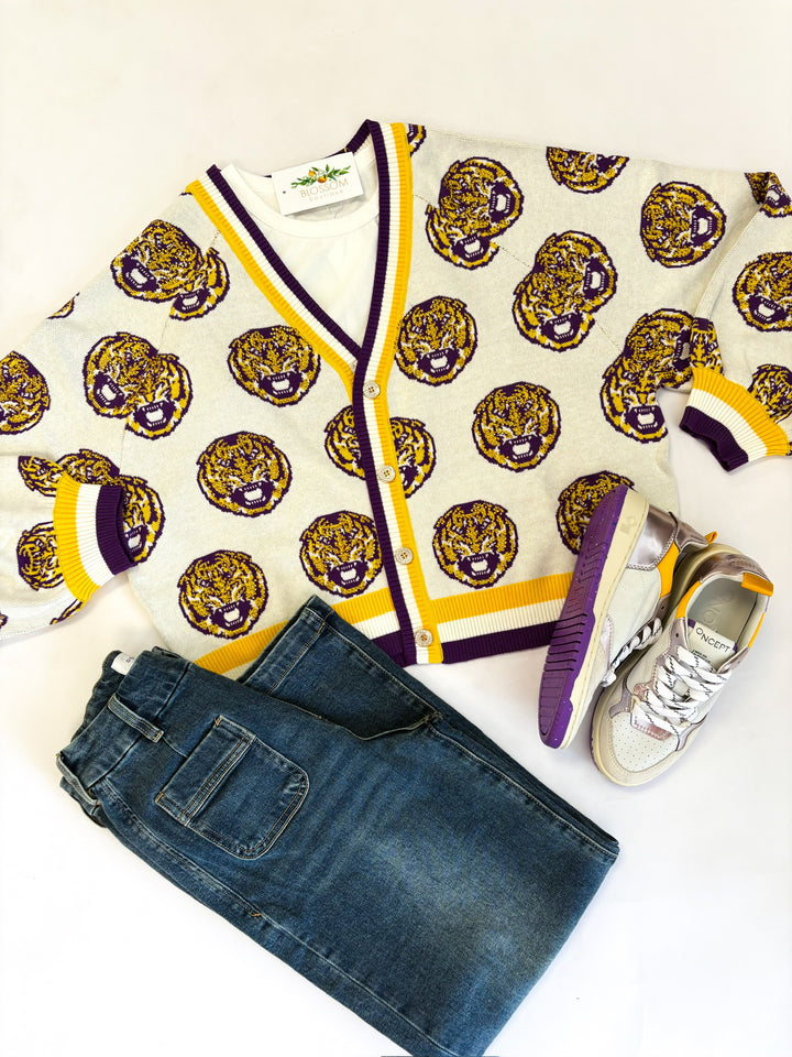 LSU Knit Mascot Rhinestone Cardigan