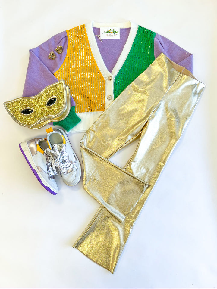 Gold Leaf Cropped Flare Faux Leather Leggings