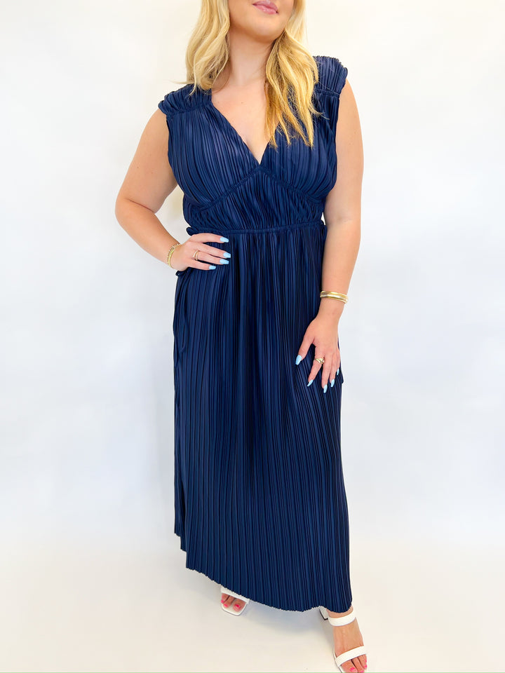 Navy Pleat Detail Dress