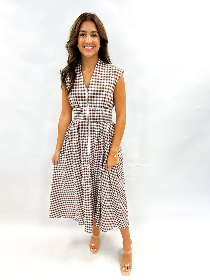 Chocolate Gingham Zip Midi Dress