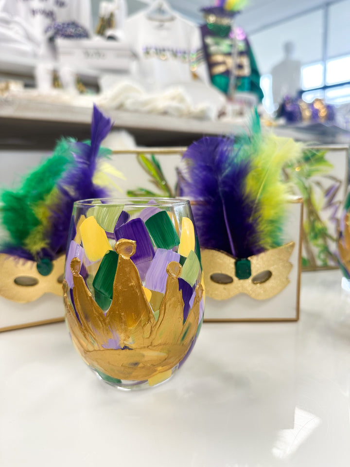 Mardi Gras Crown Stemless Wine Glass