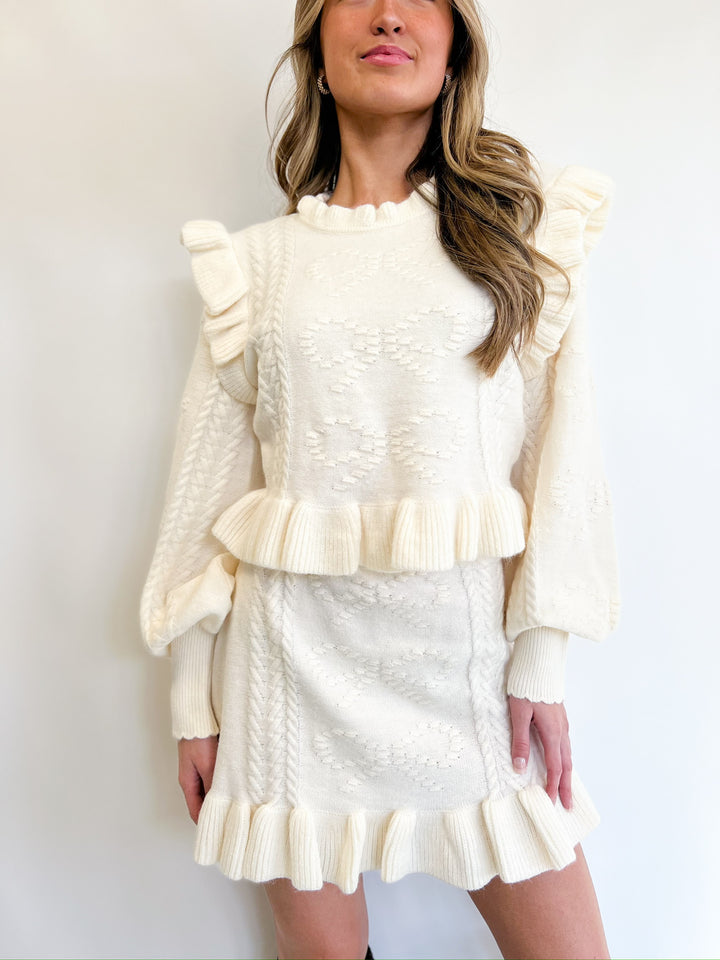 Cream Bow Knit Sweater Skirt Set