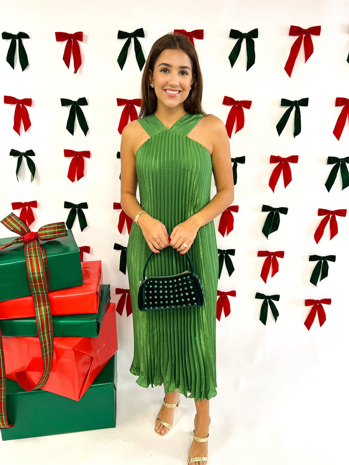 Holiday Green Pleated Midi Dress