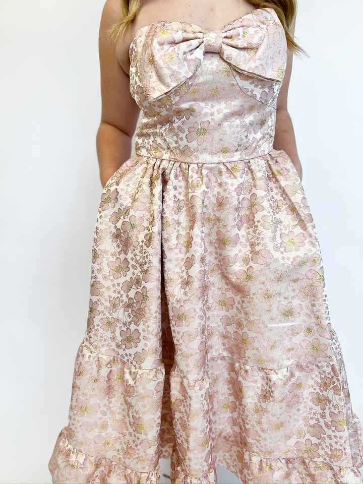 Blush Glitter Bow Jaquard Midi Dress