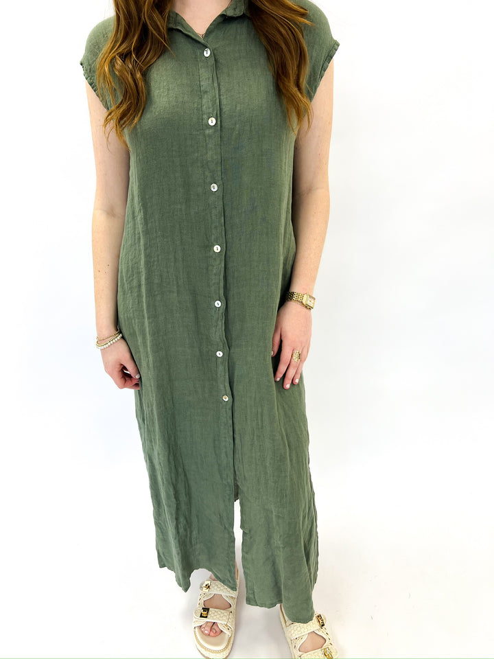 Army Green Crinkle Linen Shirt Dress