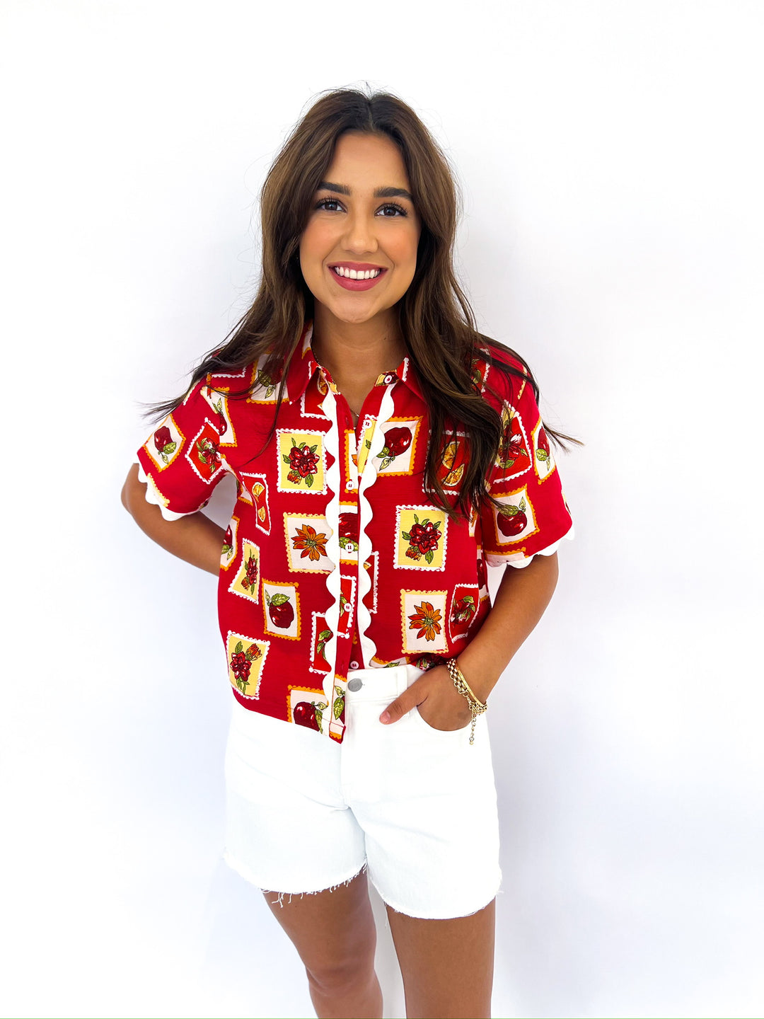 Red Multi Linen Button Top