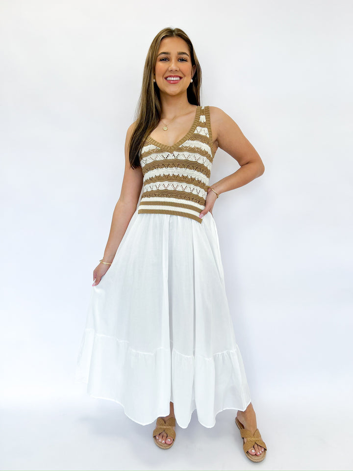 White and Tan Striped Combo Midi Dress