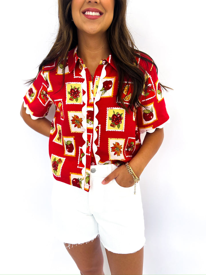 Red Multi Linen Button Top