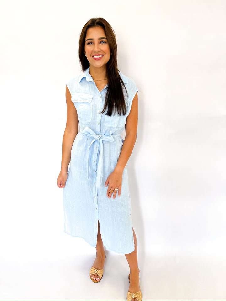 Sky Blue Linen Tie Maxi Dress