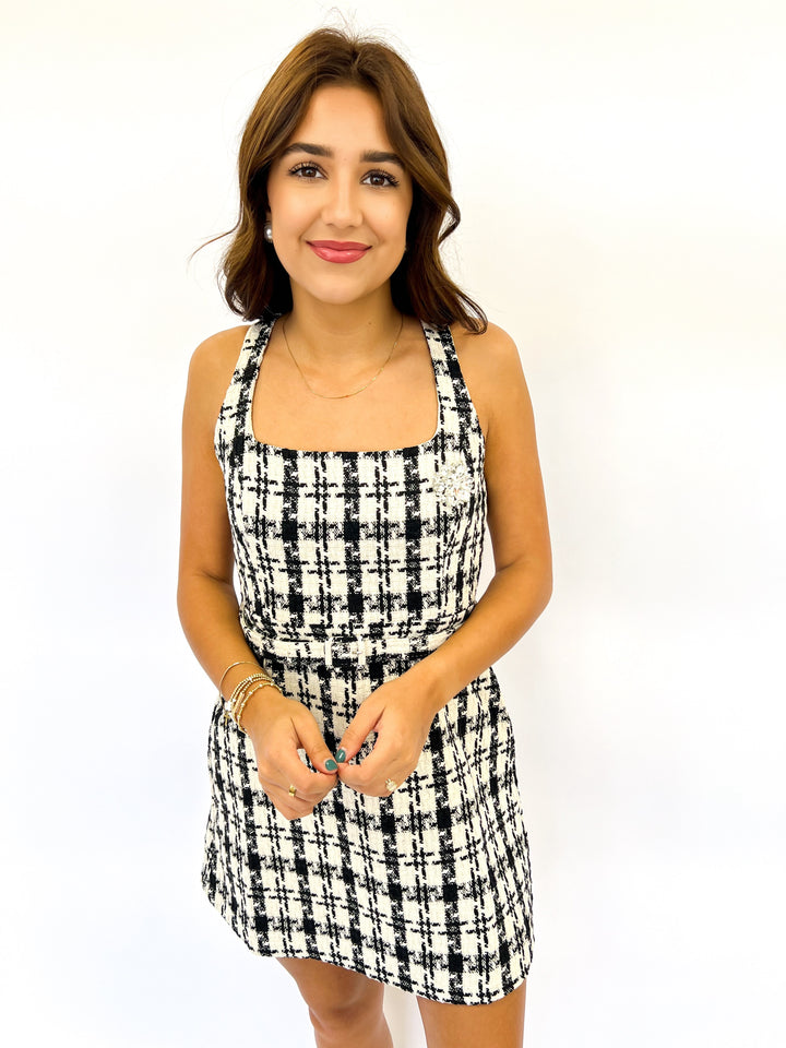 Black and White Tweed Broach Dress