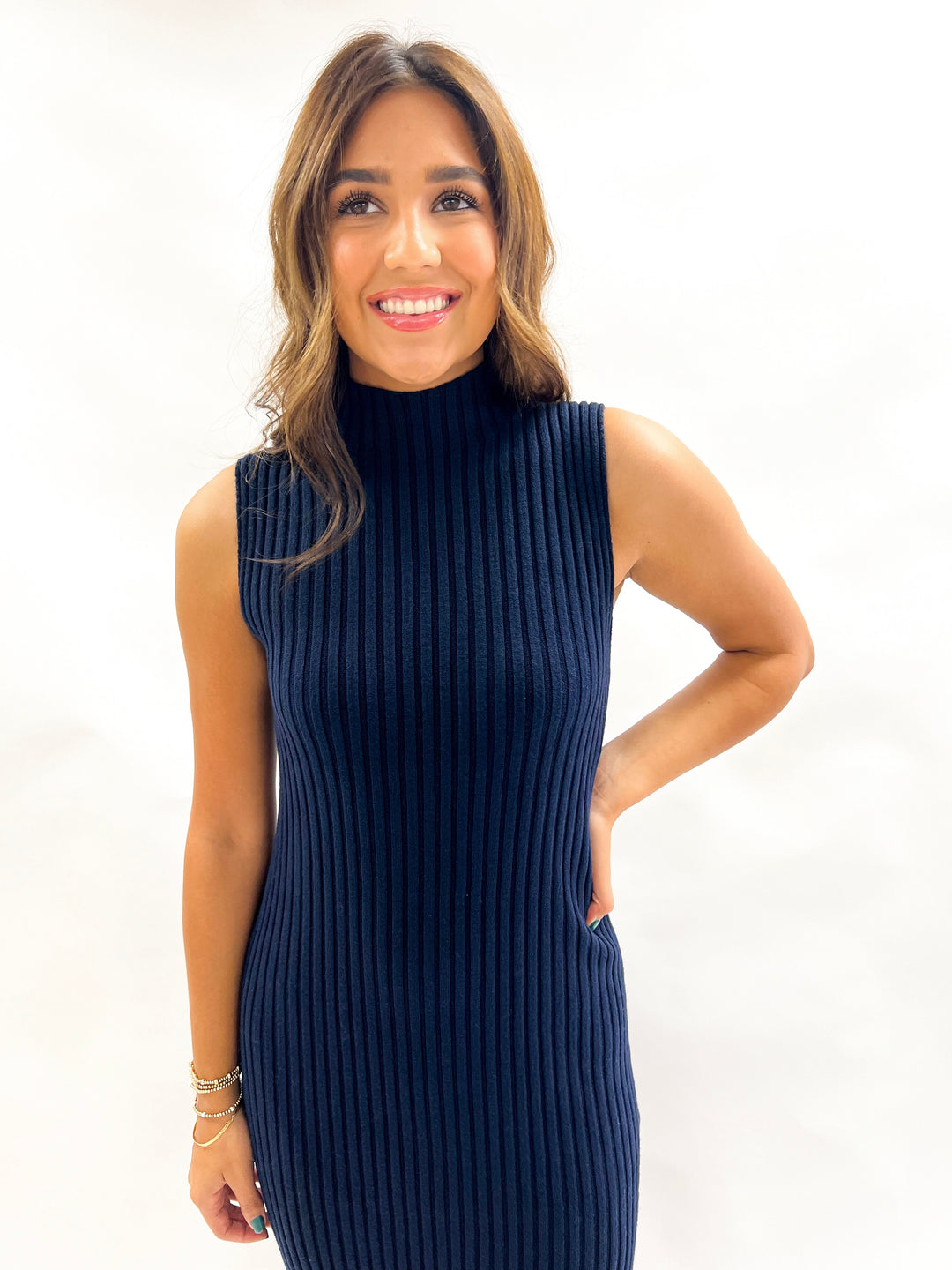 Navy Blue Ribbed Midi Dress
