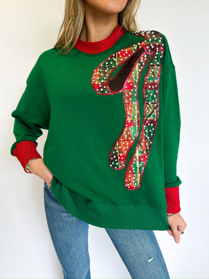 Green Holiday Plaid Bow Sweatshirt