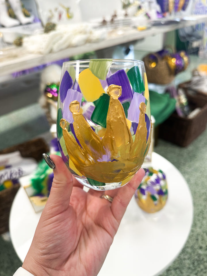 Mardi Gras Crown Stemless Wine Glass