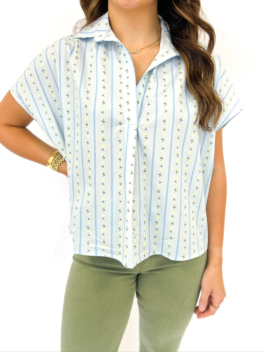 Blue Floral RIbbon Collar Top