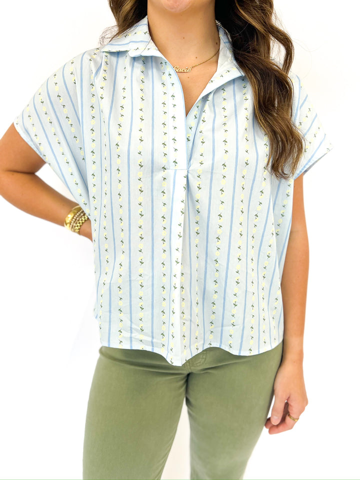 Blue Floral RIbbon Collar Top