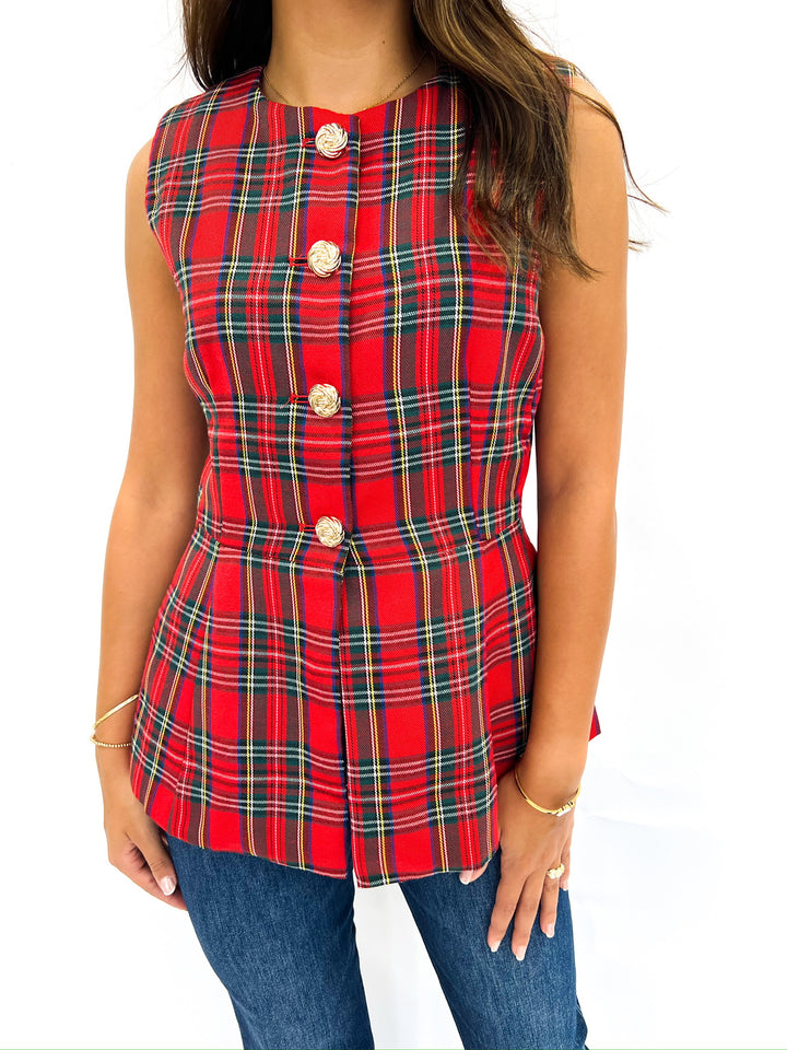 Traditional Plaid Gold Button Vest