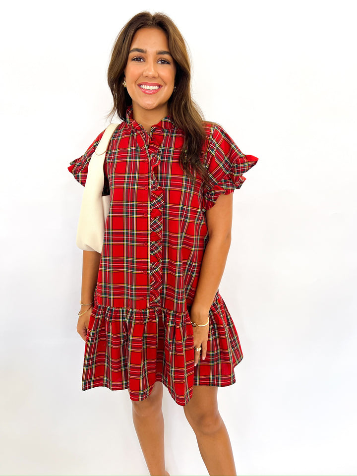 Traditional Red Plaid Ruffle Dress