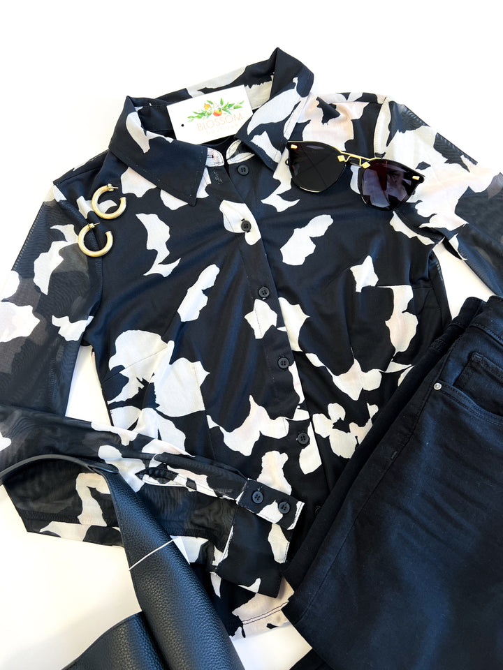 Petal Whisper Mesh Button Down