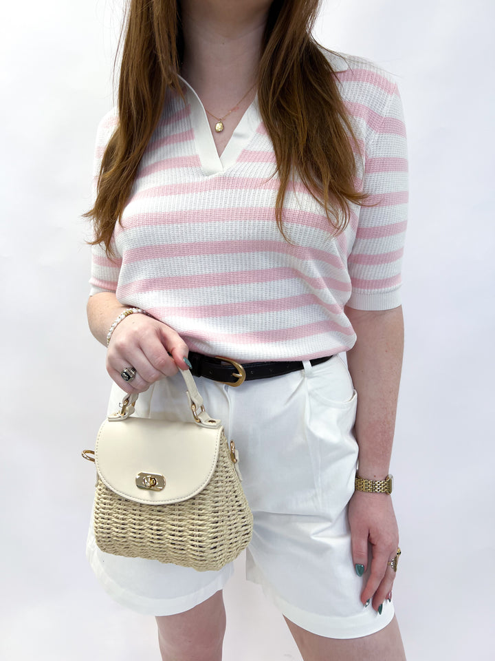 White and Pink Stripe Cropped Polo
