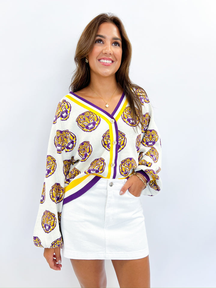 LSU Knit Mascot Rhinestone Cardigan