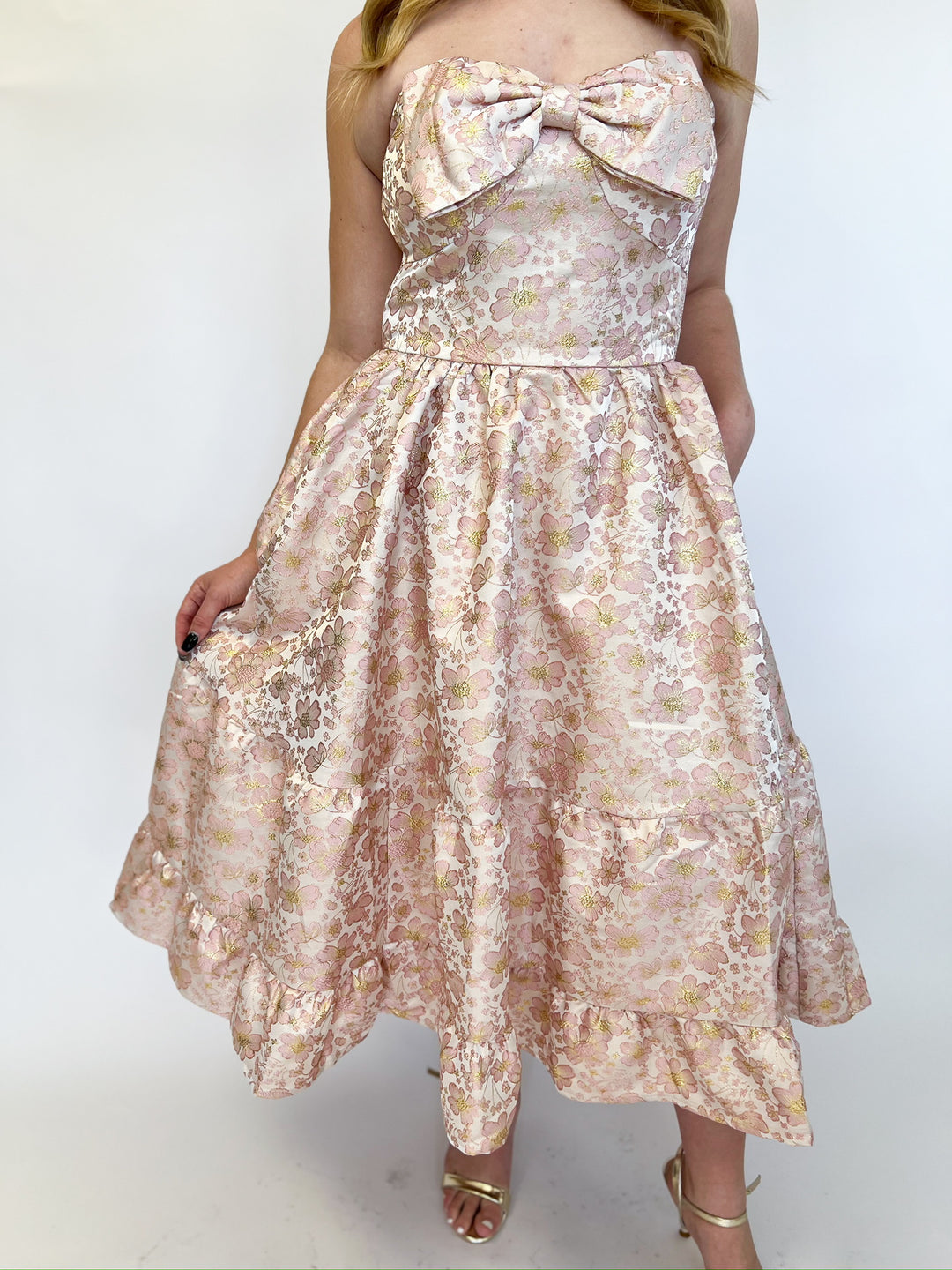 Blush Glitter Bow Jaquard Midi Dress