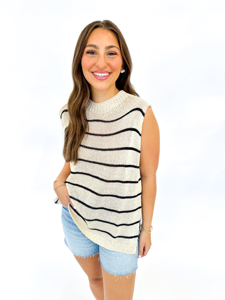 Beige Striped Sleeveless Knit Top