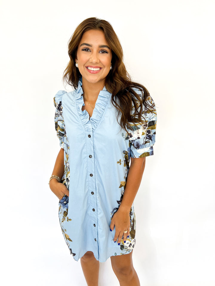 Chambray Floral Sleeved Dress