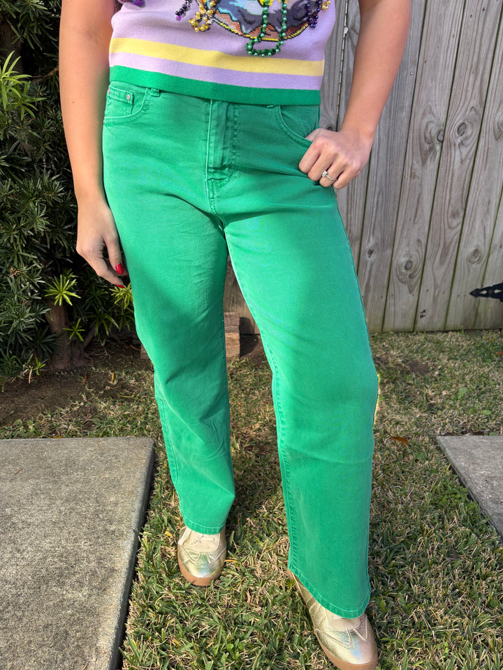 Green Cropped Wide Leg Jeans