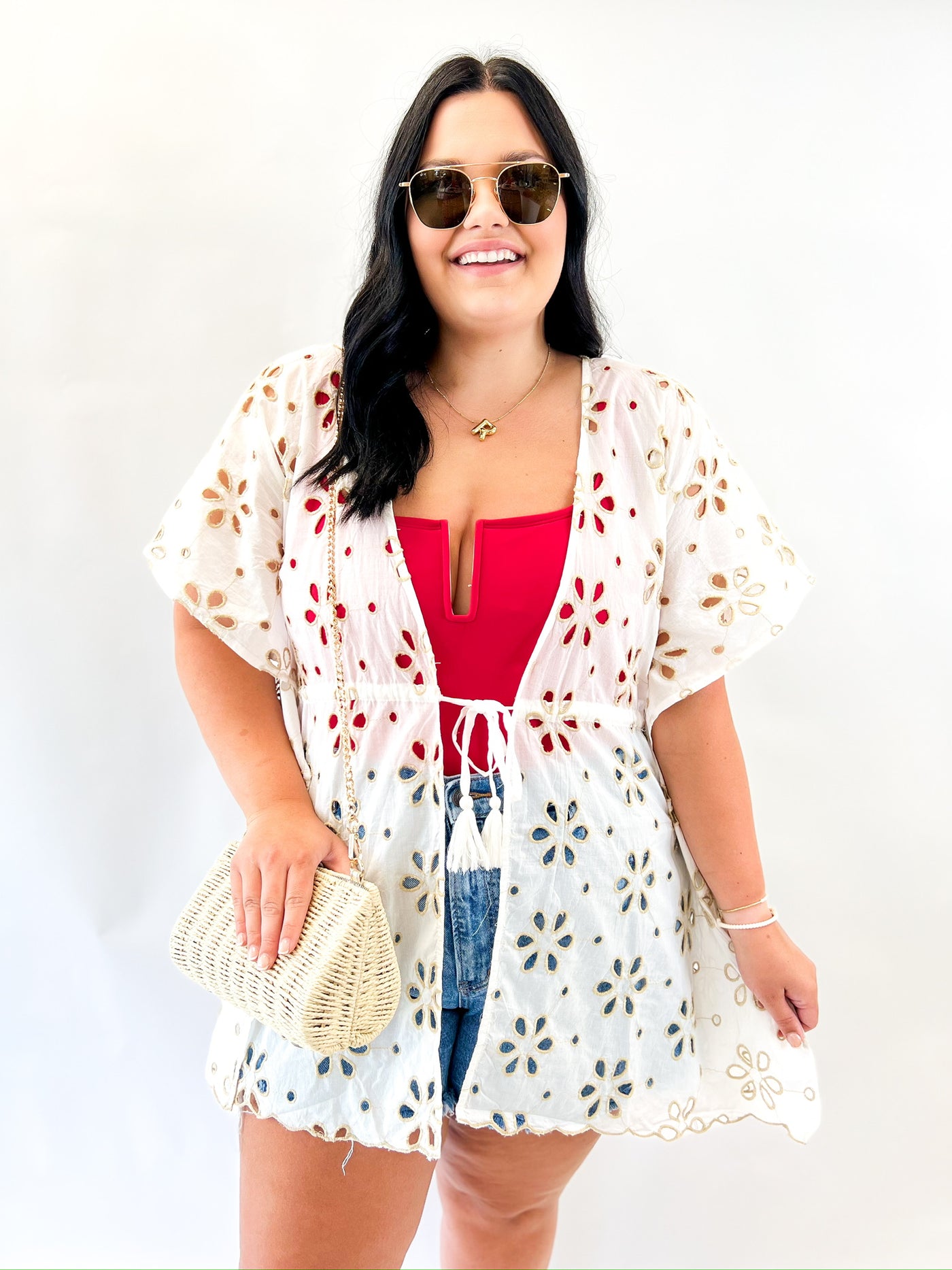 Ivory Tan Floral Eyelet Coverup