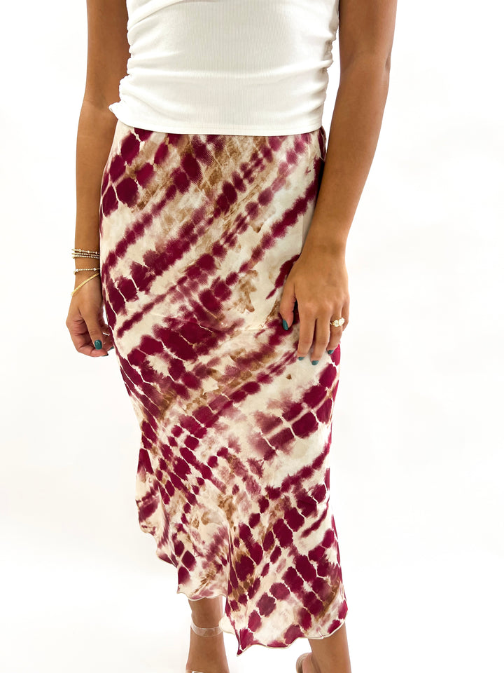Wine Multi Abstract Silky Midi Skirt