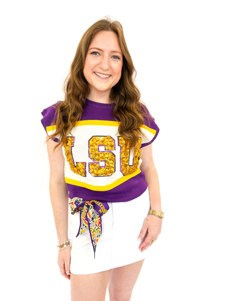 LSU Colorblock Jewel Short Sleeve Sweater
