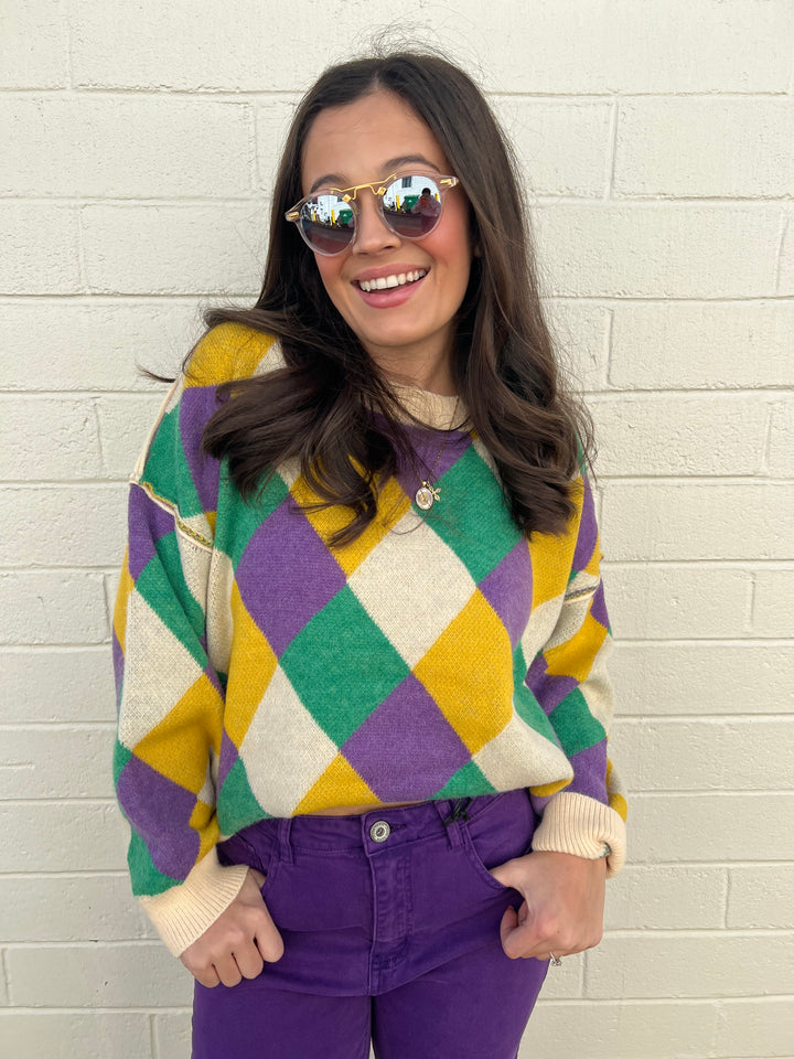Mardi Gras Diamond Pattern Sweater Top