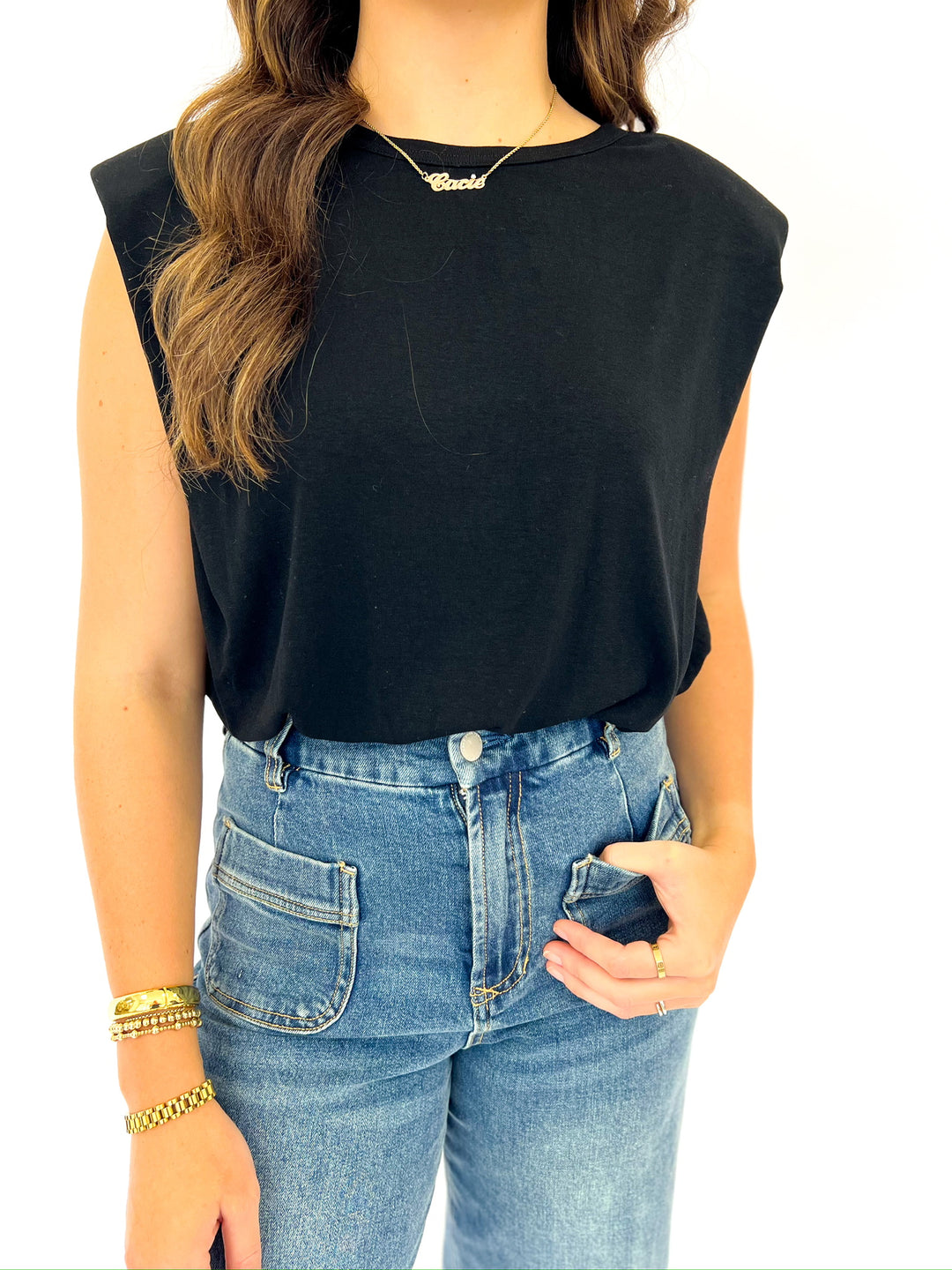 Black Knit Shoulder Pad Sleeveless Top