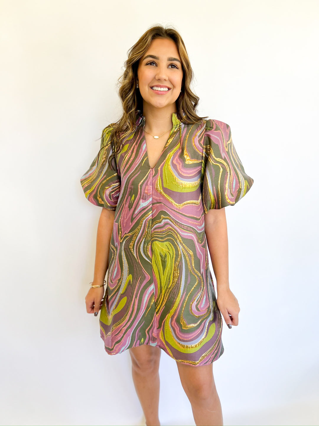 Abstract Swirl Puff Sleeve Dress