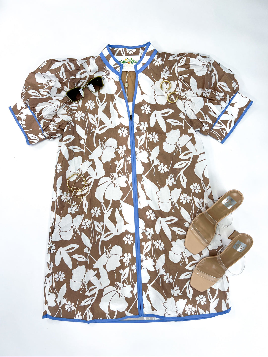 Mocha Flower Print Zip Dress