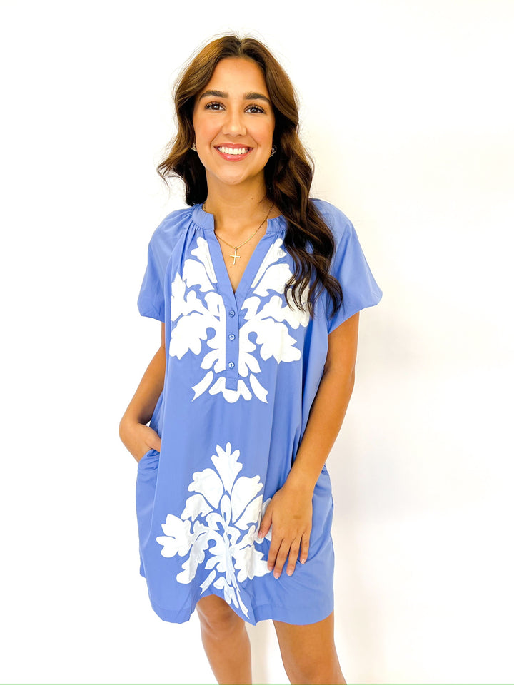 Blue Button Print Dress