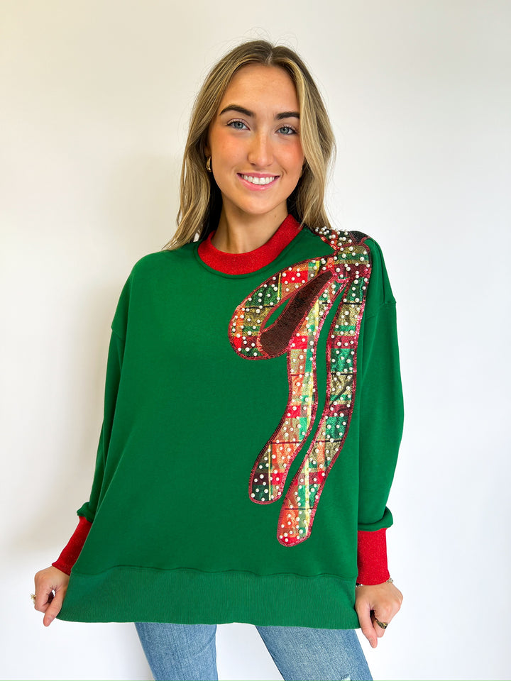 Green Holiday Plaid Bow Sweatshirt