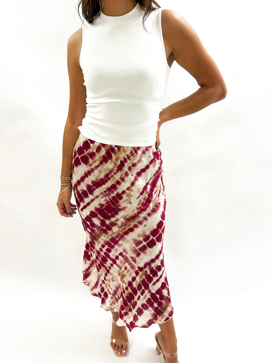 Wine Multi Abstract Silky Midi Skirt