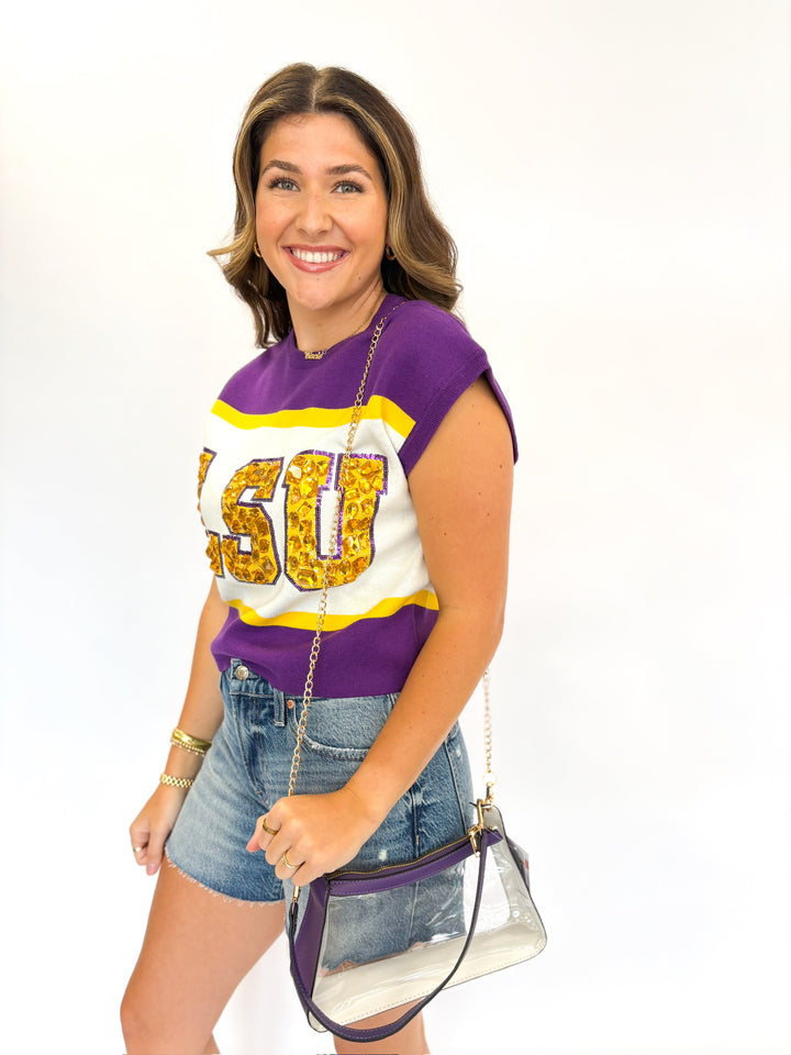 LSU Colorblock Jewel Short Sleeve Sweater