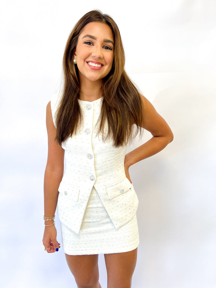 Cream Jeweled Buttoned Tweed Vest
