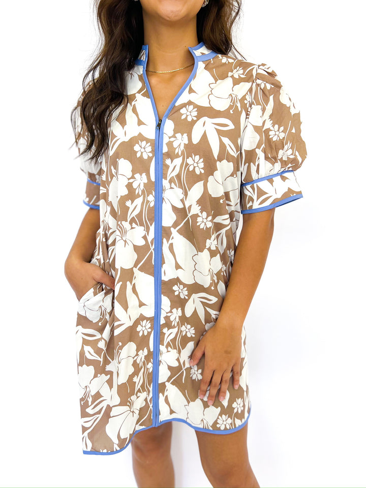 Mocha Flower Print Zip Dress