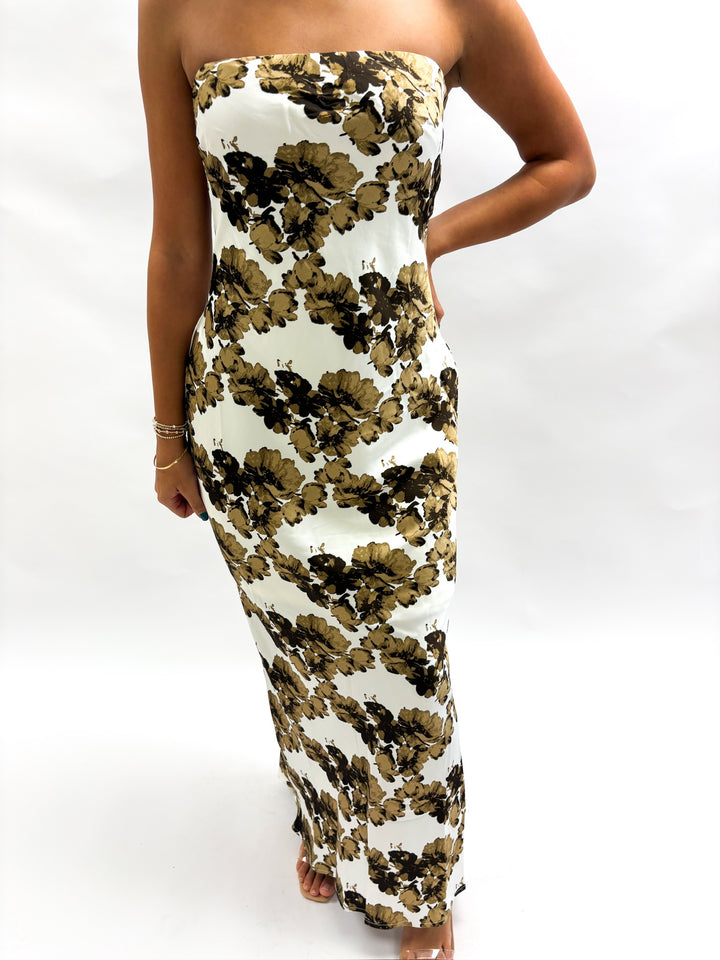 Ivory & Brown Strapless Maxi Dress