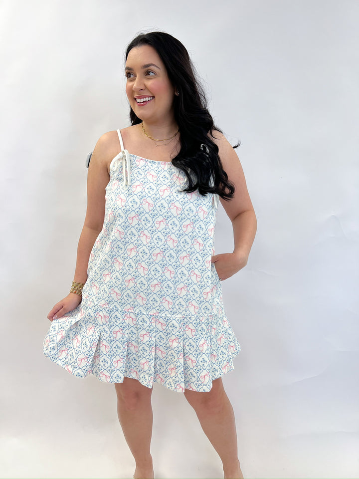 Bow Floral Pleated Mini Dress