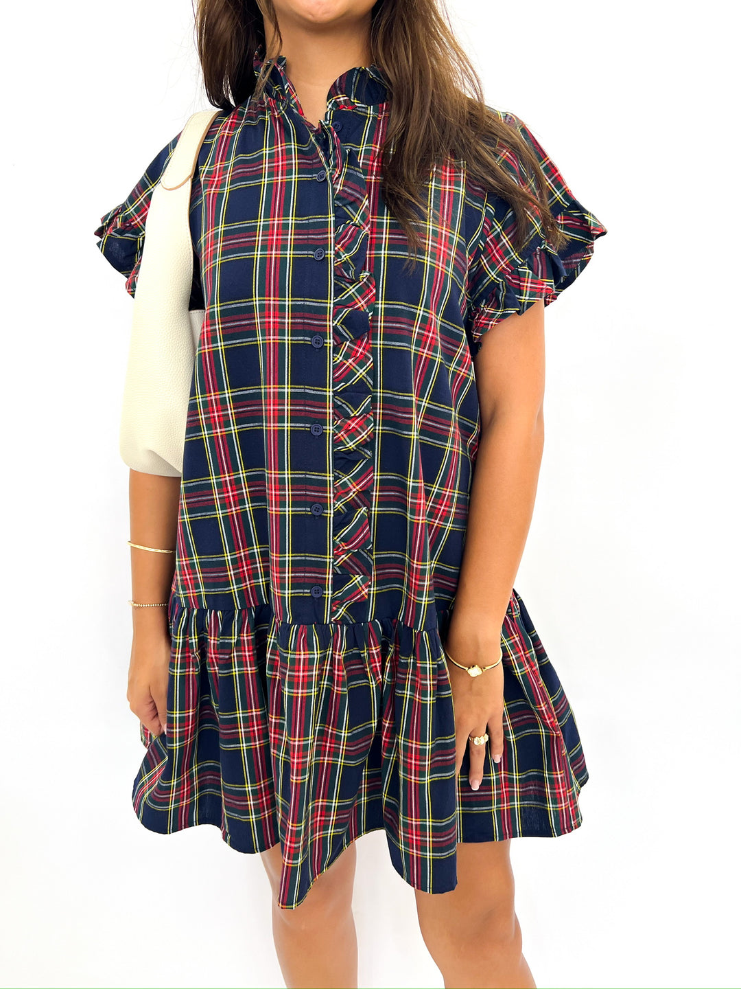 Traditional Navy Plaid Ruffle Dress